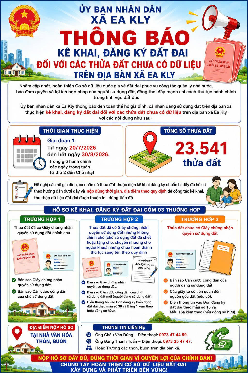 UBND xã Ea Kly thông báo kê khai, đăng ký đất đai đối với các thửa đất  chưa có dữ liệu trên địa bàn xã