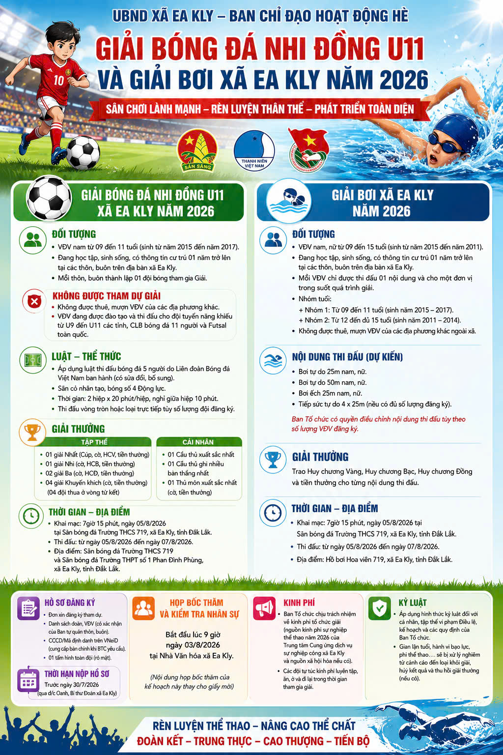 Xã Ea Kly tổ chức giải Bóng đá Nhi đồng U11 và Giải Bơi năm 2026