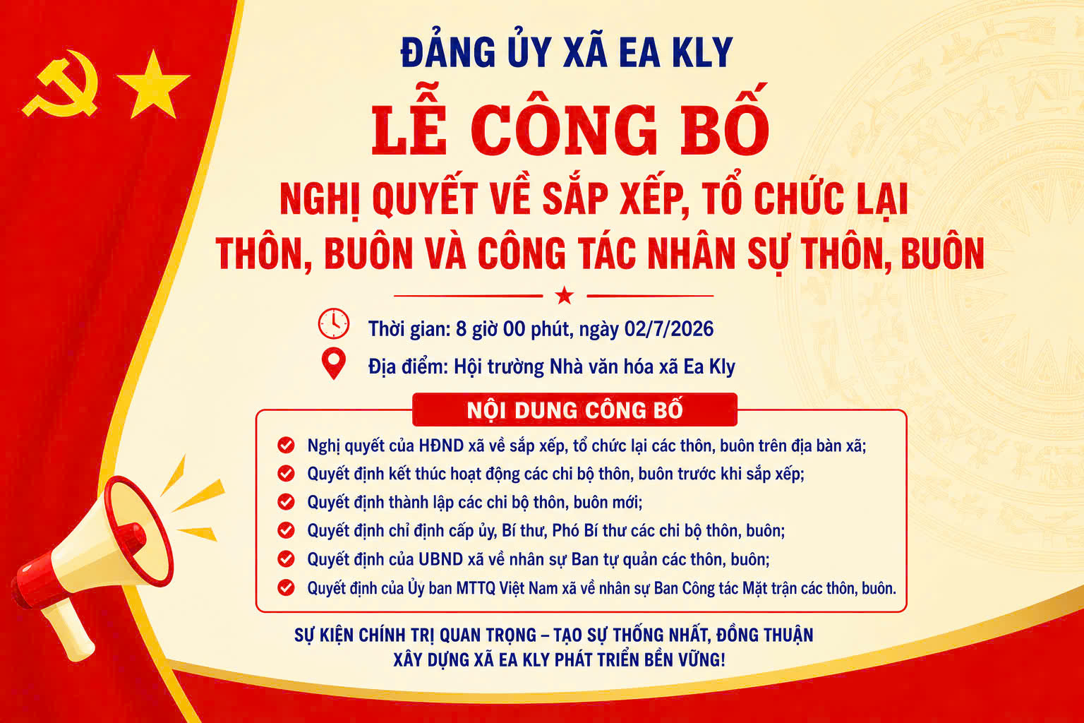 EA KLY SẼ TỔ CHỨC LỄ CÔNG BỐ NGHỊ QUYẾT VỀ SẮP XẾP, TỔ CHỨC LẠI THÔN, BUÔN VÀ CÔNG TÁC NHÂN SỰ THÔN, BUÔN